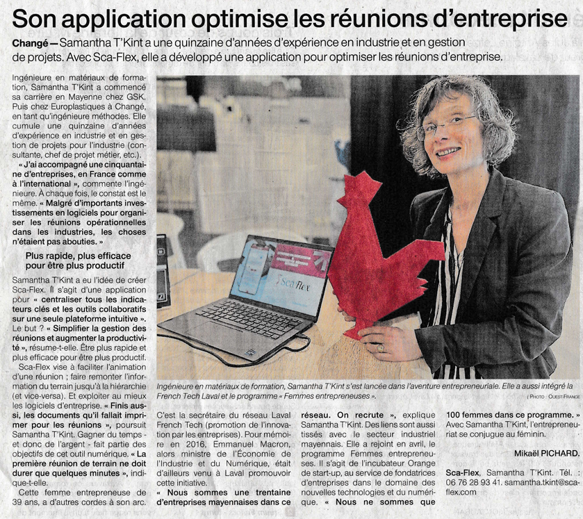 Interview Sca-Flex Samantha t'Kint par le Ouest France en avril 2025 - application Sca-Flex pour l'optimisation des réunions, implication dans la French Tech Laval et programme Femmes entrepreneuses d'Orange